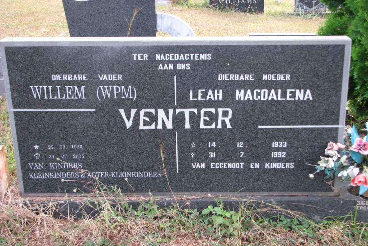 VENTER W.P.M. 1926-2005 &amp; Leah Magdalena 1933-1992