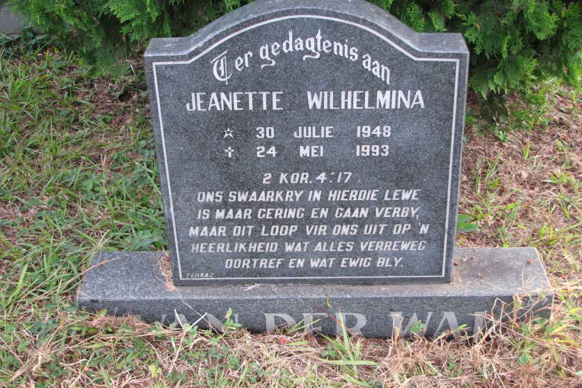 WALT Jeanette Wilhelmina, van der 1948-1993