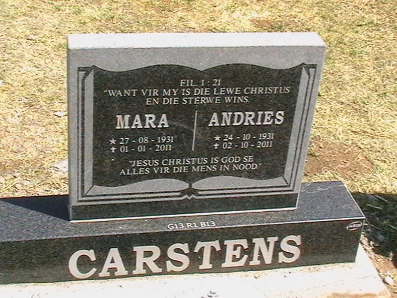 CARSTENS Andries 1931-2011 &amp; Mara 1931-2011