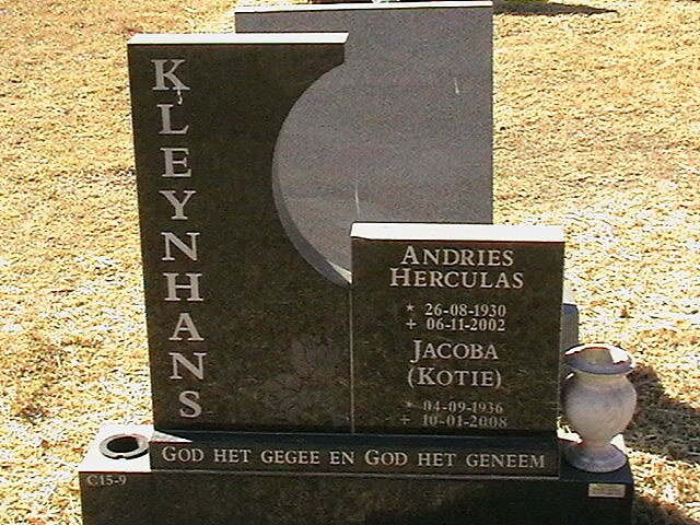 KLEYNHANS Andries Herculas 1930-2002 &amp; Jacoba 1936-2008