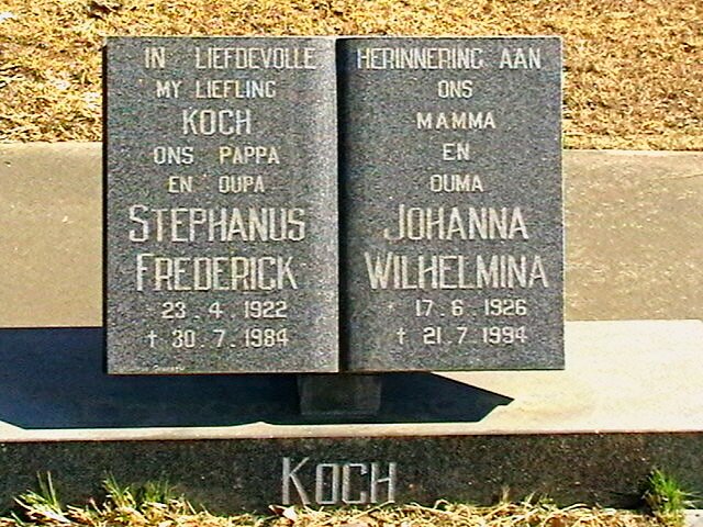 KOCH Stephanus Frederick 1922-1984 &amp; Johanna Wilhelmina 1926- 1994
