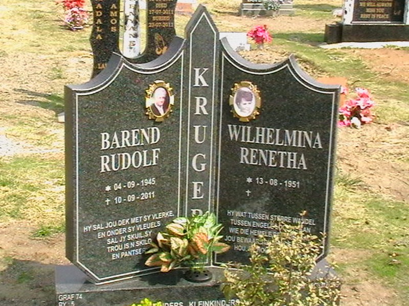 KRUGER Barend Rudolf 1945-2011 &amp; Wilhelmina Renetha 1951-