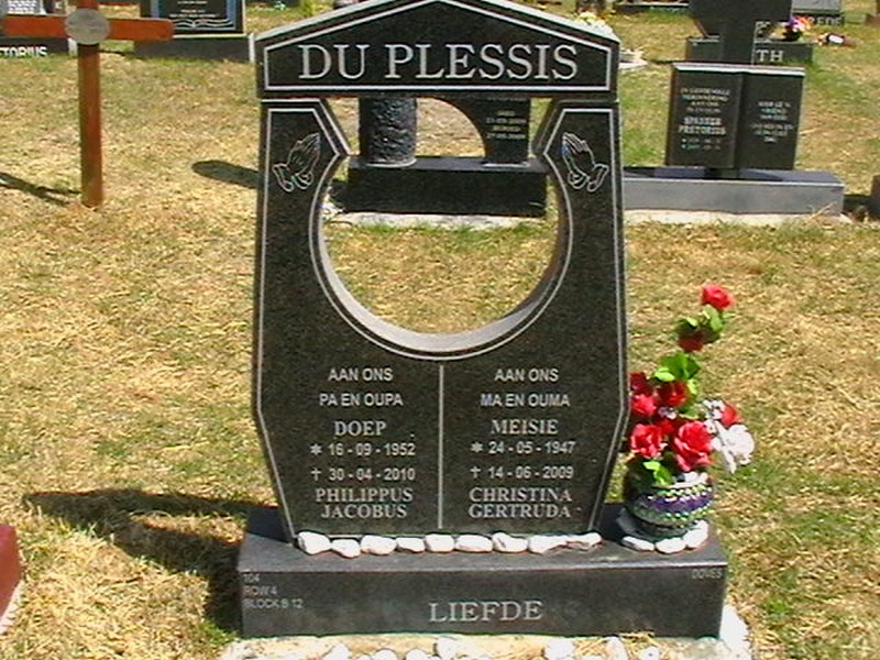 PLESSIS Philippus Jacobus, du 1952-2010 &amp; Christina Gertruda 1947-2009