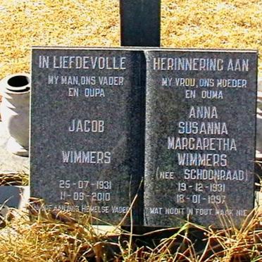 WIMMERS Jacob 1931-2010 &amp; Anna Susanna Margaretha SCHOONRAAD 1931-1997