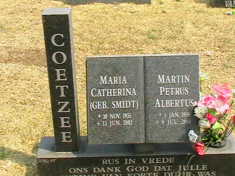 COETZEE Martin Petrus Albertus 1931-2005 &amp; Maria Catherina SMIDT 1935-2002