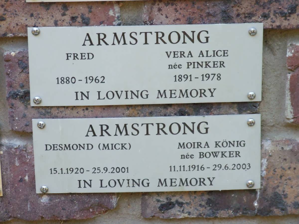 ARMSTRONG  Fred 1880-1962 &amp; Vera Alice PINKER 1891-1978 :: ARMSTRONG Desmond 1920-2001 &amp; Moira Konig BOWKER 1916-2003