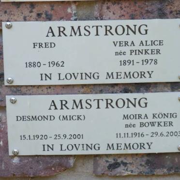 ARMSTRONG  Fred 1880-1962 &amp; Vera Alice PINKER 1891-1978 :: ARMSTRONG Desmond 1920-2001 &amp; Moira Konig BOWKER 1916-2003