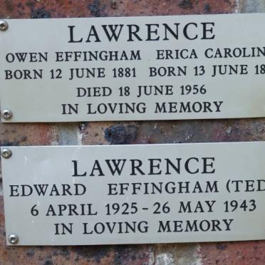 LAWRENCE Owen Effingham 1881-1956 &amp; Erica Caroline 1885-1956 :: LAWRENCE Edward Effingham 1925-1943