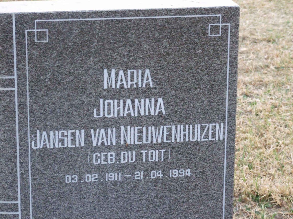 NIEUWENHUIZEN Maria Johanna, Jansen van nee DU TOIT 1911-1994