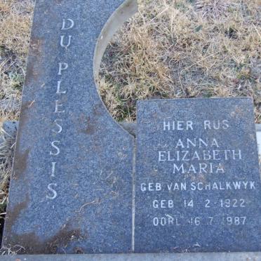 PLESSIS Anna Elizabeth Maria, du nee VAN SCHALWYK 1922-1987