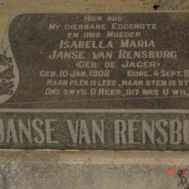 RENSBURG Isabella Maria, Janse van nee DE JAGER 1908-1953
