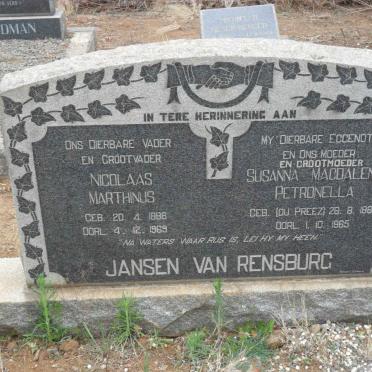 RENSBURG Nicolaas Marthinus, Jansen van 1888-1969 &amp; Susanna Magdalena Petronella DU PREEZ 1888-1965