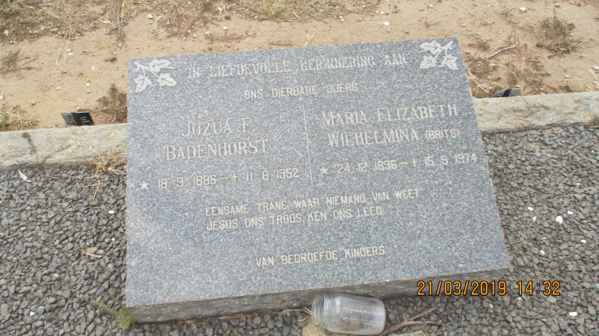 BADENHORST Jozua F. 1886-1952 & Maria Elizabeth Wilhelmina BRITS 1896-1974