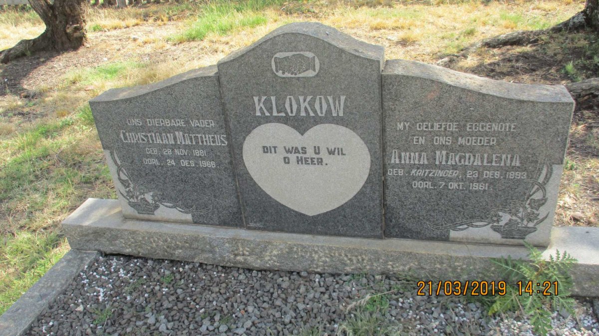 KLOKOW Christiaan Mattheus 1881-1966 & Anna Magdalena KRITZINGER 1893-1961