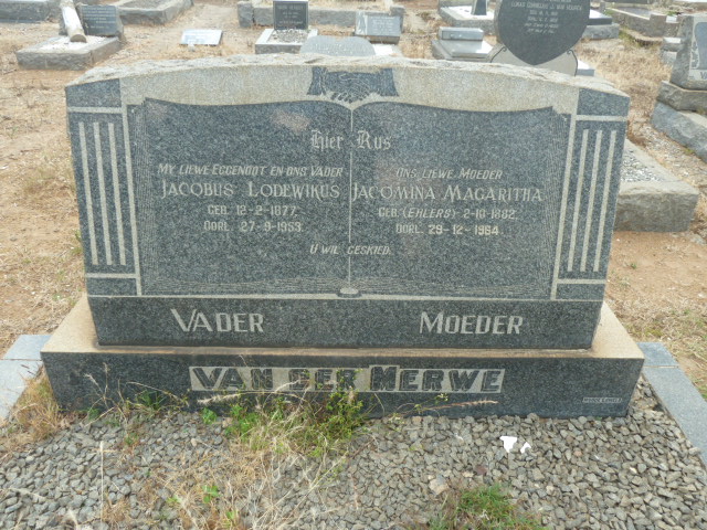 MERWE Jacobus Lodewikus, van der 1877-1953 & Jacomina Magaritha EHLERS 1882-1964