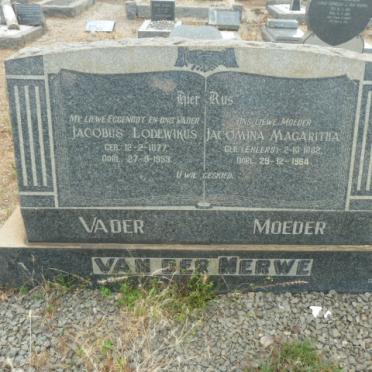 MERWE Jacobus Lodewikus, van der 1877-1953 & Jacomina Magaritha EHLERS 1882-1964