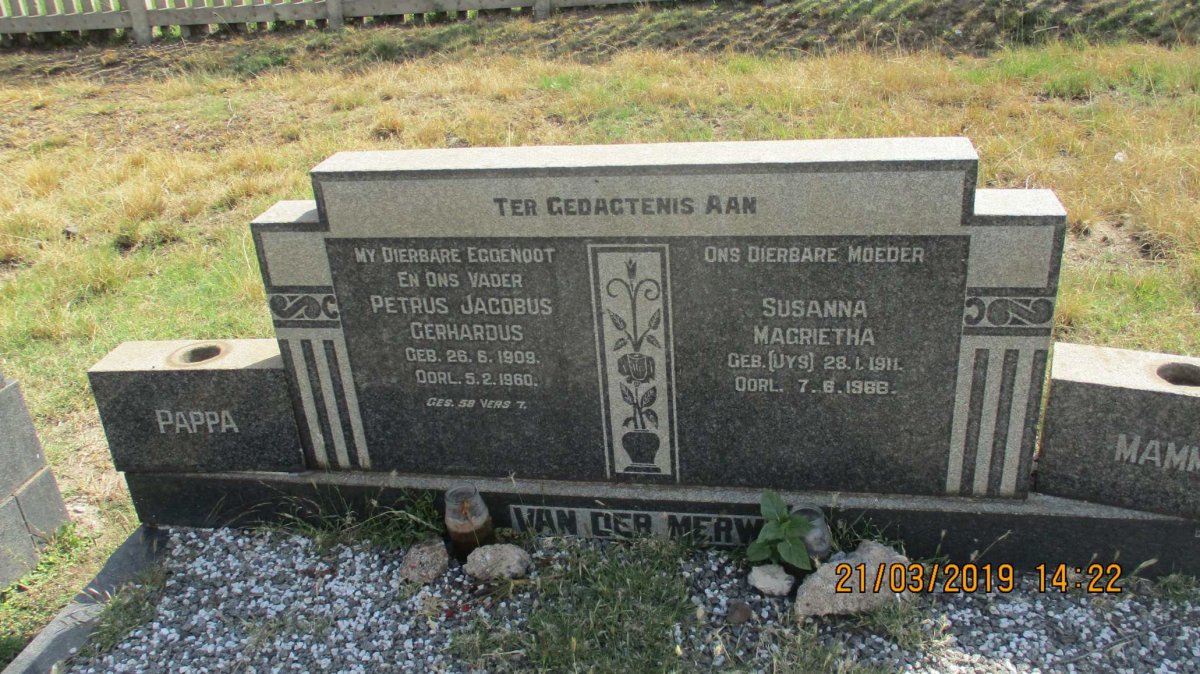 MERWE Petrus Jacobus Gerhardus, van der 1909-1960 & Susanna Magrietha UYS 1911-1966