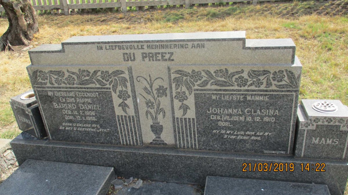 PREEZ Barend Daniel, du 1906-1960 & Johanna Clasina VILJOEN 1910-