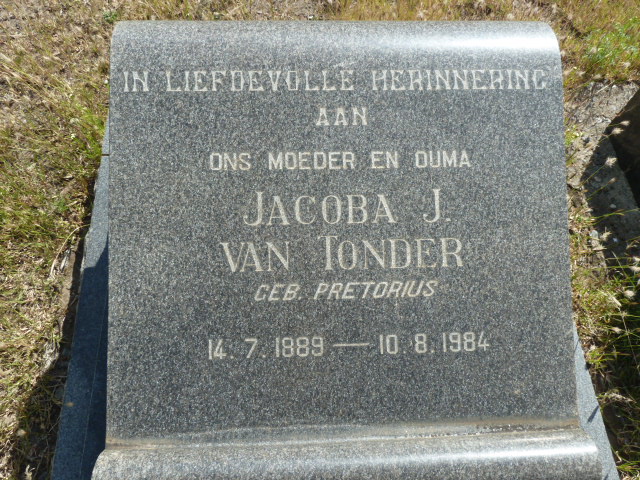 TONDER Jacoba J., van nee PRETORIUS 1889-1984