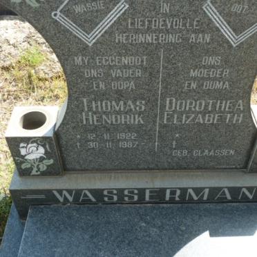 WASSERMAN Thomas Hendrik 1922-1987 &amp; Dorothea Elizabeth CLAASSEN