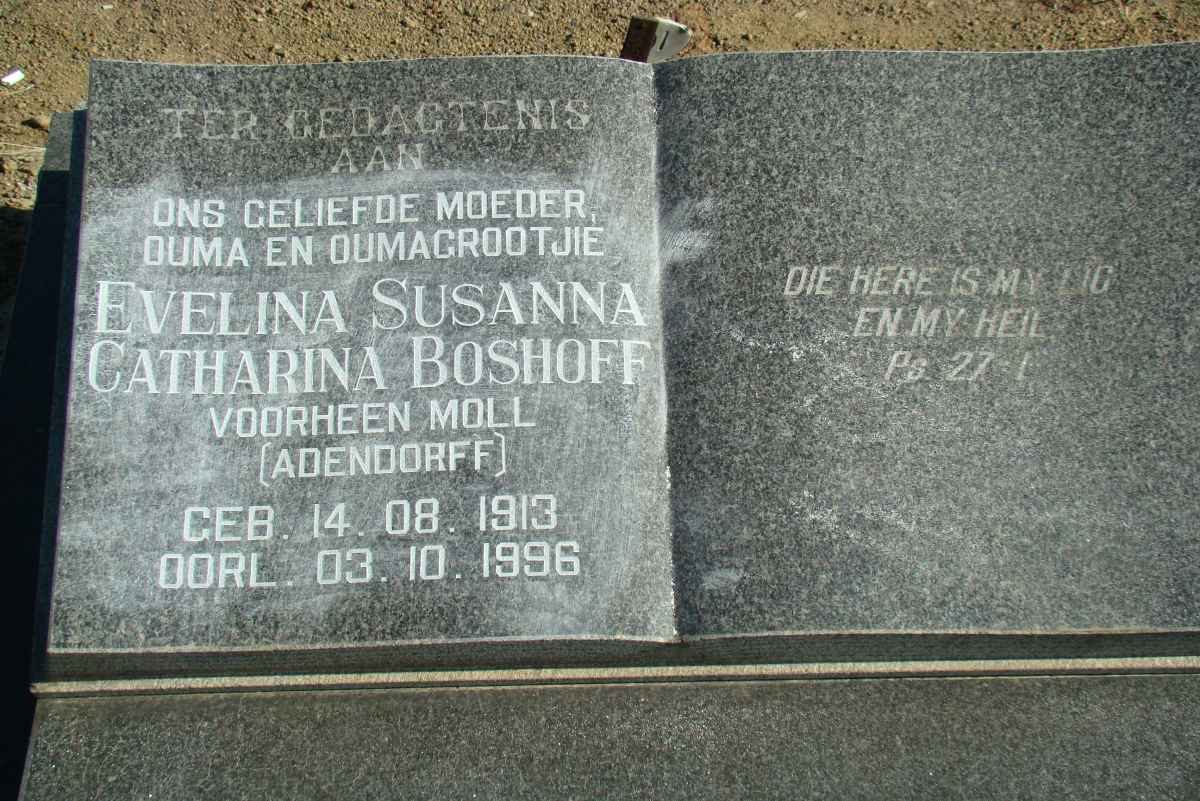 BOSHOFF Evelina Susanna Catharina voorheen MOLL nee ADENDORFF 1913-1996
