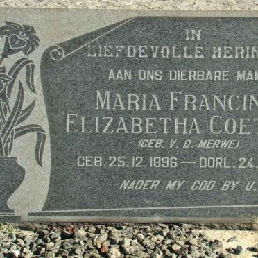COETZER Maria Francina Elizabeth nee V.D. MERWE 1896-1968
