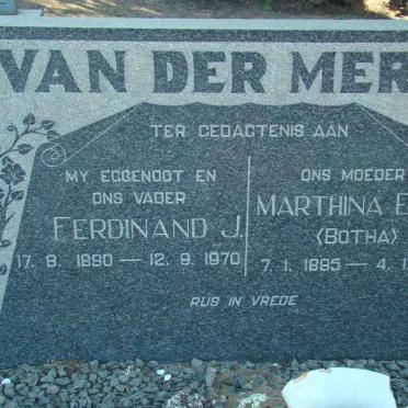 MERWE Ferdinand J., van der 1890-1970 &amp; Marthina E.J. BOTHA 1895-1976