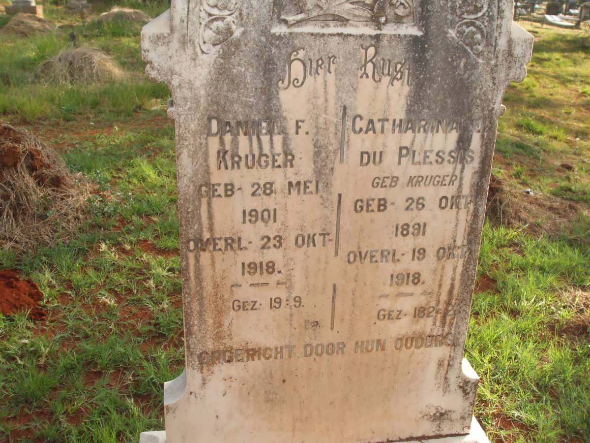 KRUGER Daniel F. 1901-1918 :: DU PLESSIS Catharina nee KRUGER 1891-1918