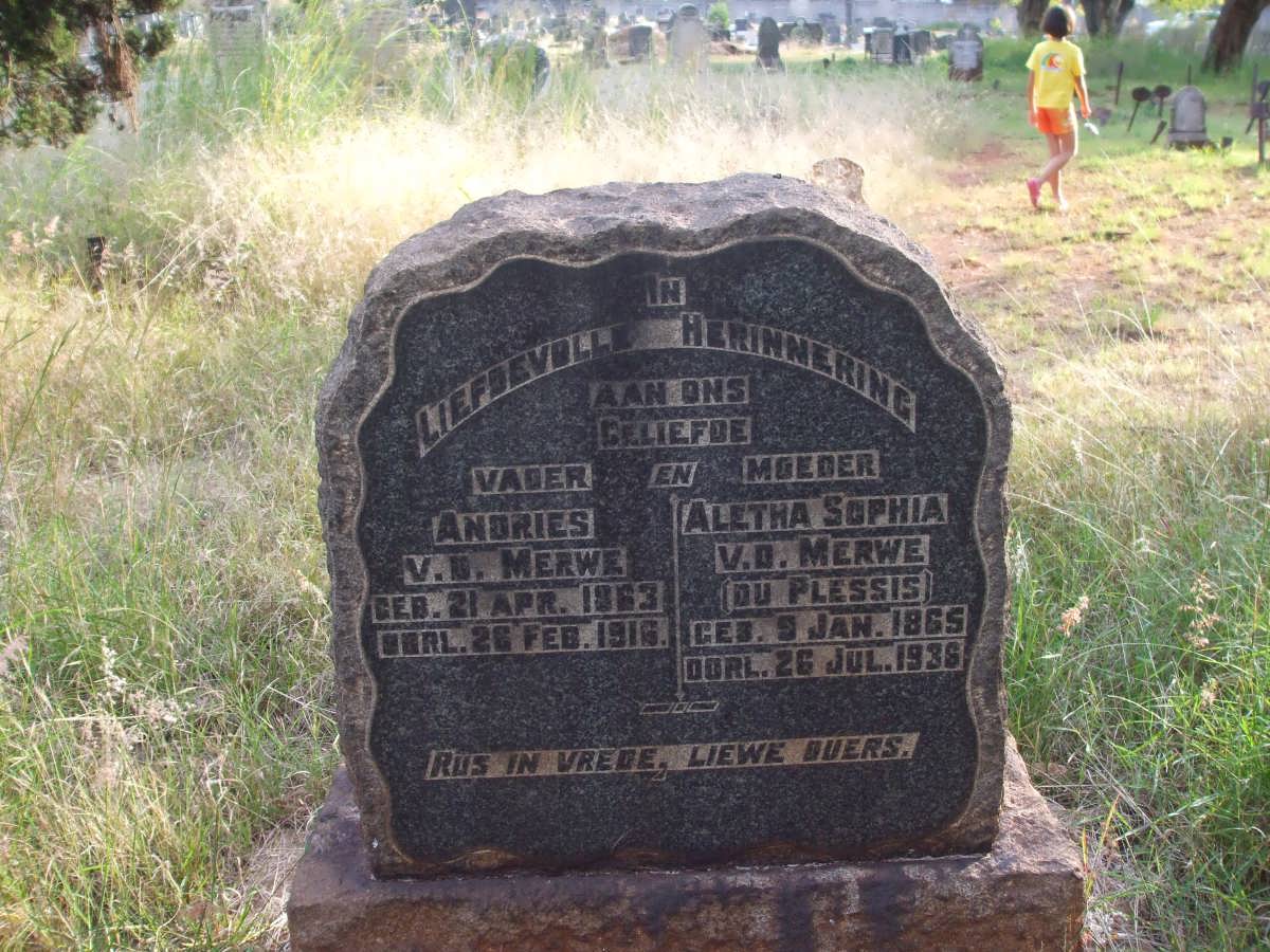 MERWE Andries, van der 1863-1916 &amp; Aletta Sophia DU PLESSIS 1865-1936