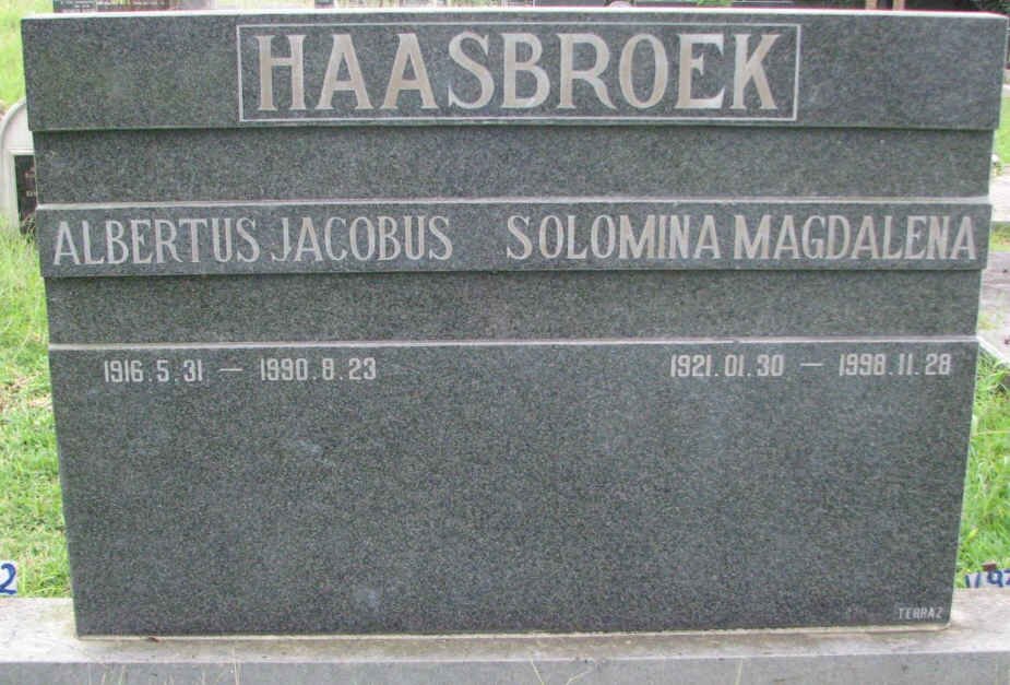 HAASBROEK Albertus Jacobus 1916-1990 &amp; Solomina Magdalena 1921-1998