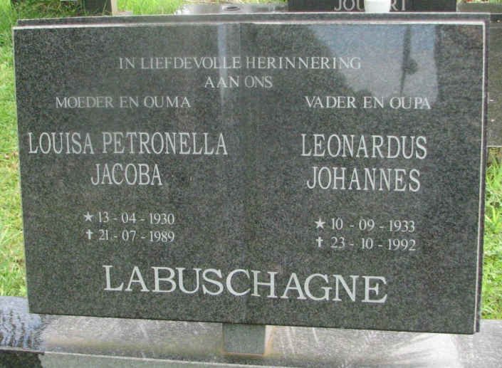 LABUSCHAGNE Leonardus Johannes 1933-1992 &amp; Louisa Petronella Jacoba 1930-1989