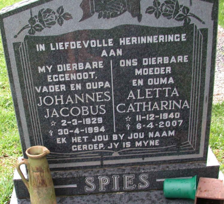 SPIES Johannes Jacobus 1929-1994 &amp; Aletta Catharina 1940-2007