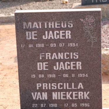 JAGER Mattheus, de 1918-1994 :: DE JAGER Frances 1918-1994 :: VAN NIEKERK Priscilla 1910-1996