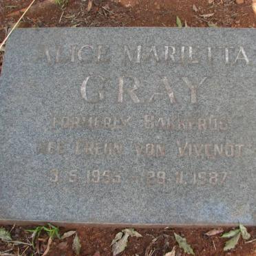 GRAY Alice Marietta formerly BAKKERUS nee VON VIVENOT 1955-1987