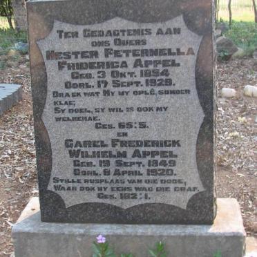 APPEL Carel Frederick Wilhelm 1849-1920 &amp; Hester Peternella Friderica 1854-1929