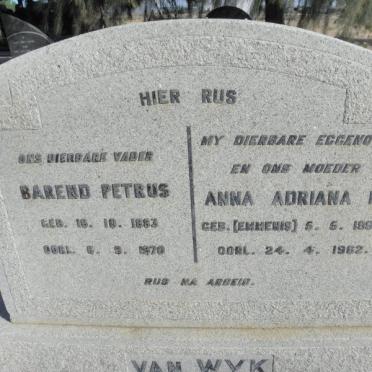 WYK Barend Petrus, van 1883-1970 &amp; Anna Adriana M. EMMENIS 1893-1962