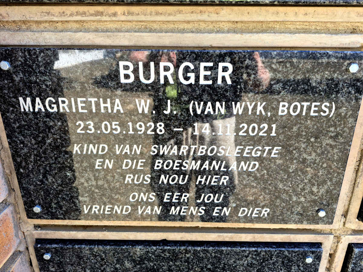 BURGER Magrietha W. J., VAN WYK, BOTES 1928-2021