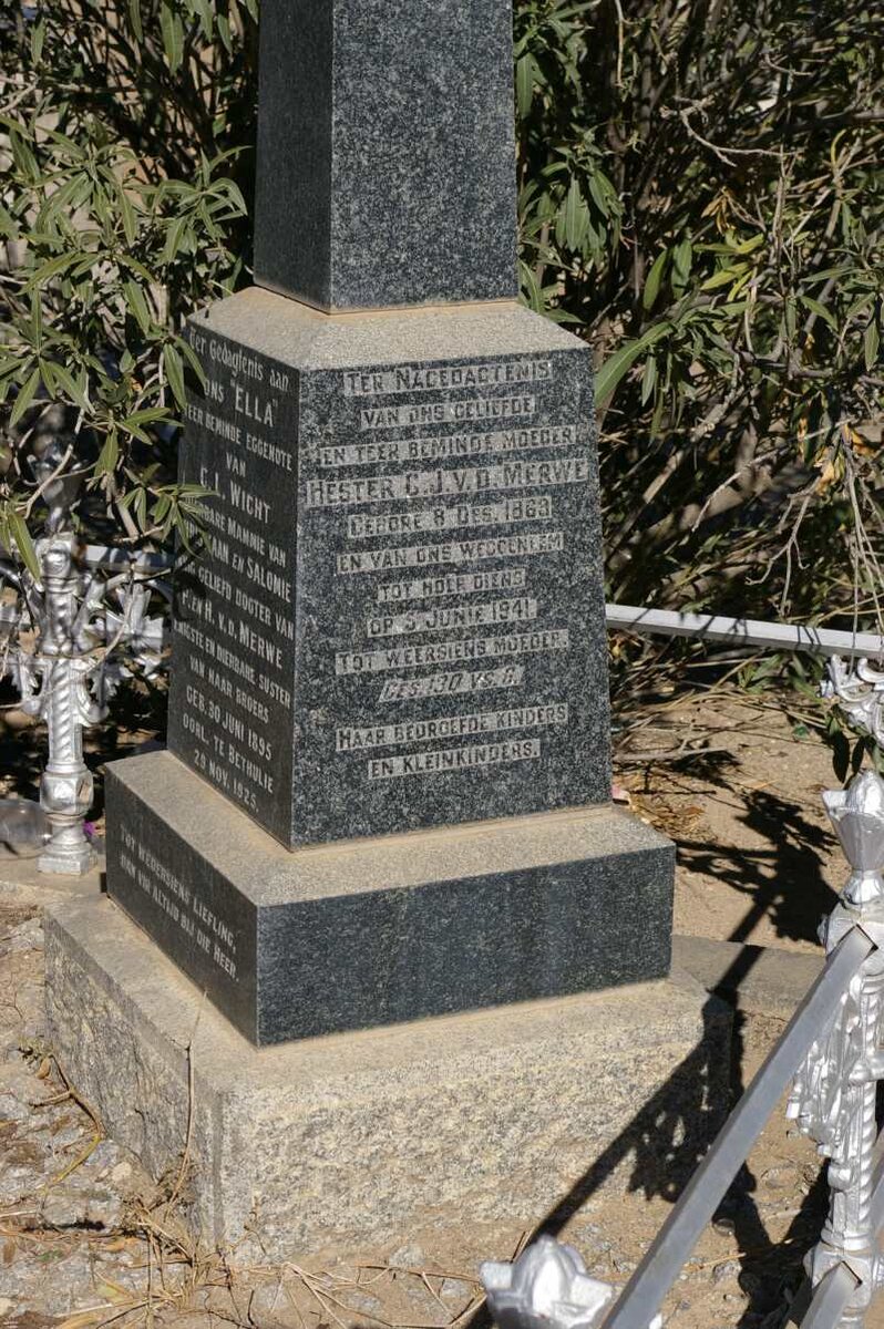 MERWE Hester C.J., van der  1869-1941 :: WICHT Ella nee VAN DER MERWE 1895-1925