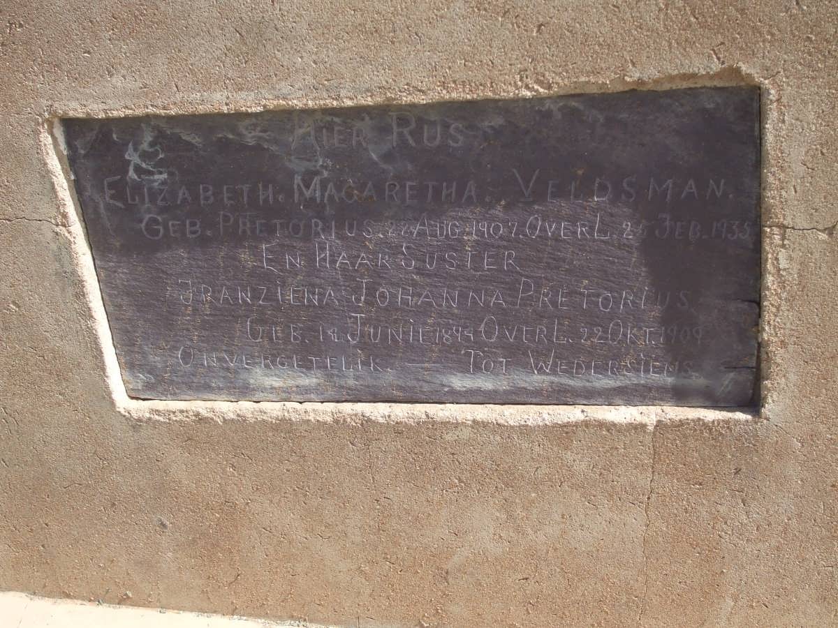 VELDSMAN Elizabeth Magaretha nee PRETORIUS 1907-1935 :: PRETORIUS Franziena Johanna 1899-1909