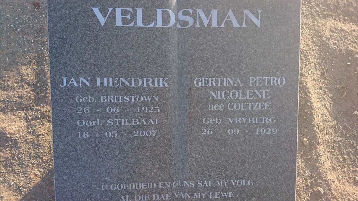 VELDSMAN Jan Hendrik 1925-2007 &amp; Gertina Petro Nicolene COETZEE 1929-