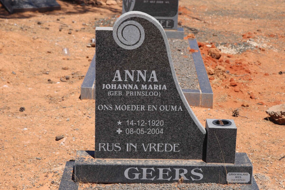 GEERS Johanna Maria nee PRINSLOO 1920-2004