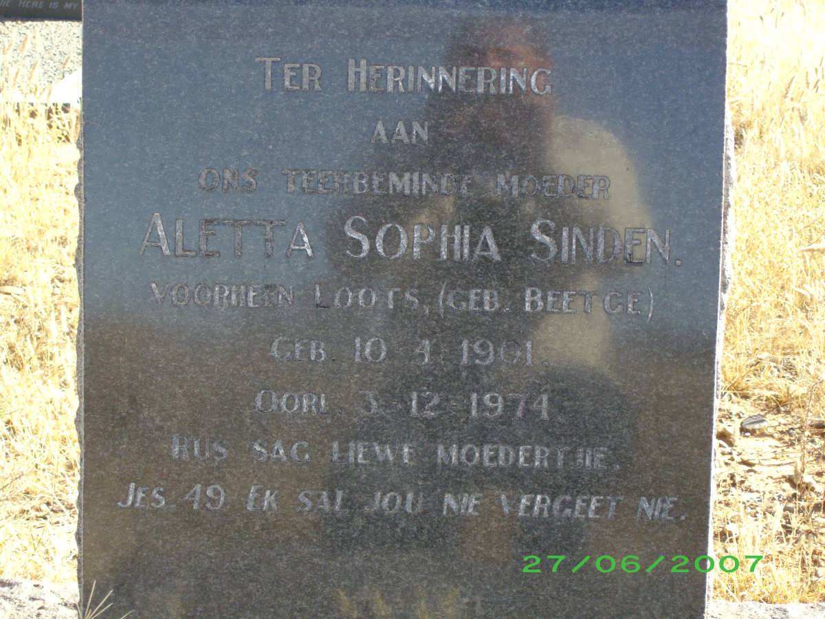 SINDEN Aletta Sophia previously LOOTS nee BEETGE 1901-1974