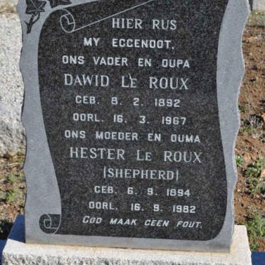 ROUX Dawid, le 1892-1967 &amp; Hester SHEPHERD 1894-1982