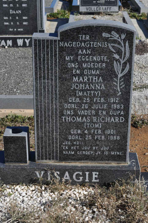 VISAGIE Thomas Richard 1901-1988 &amp; Martha Johanna 1912-1983