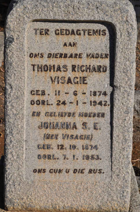 VISAGIE Thomas Richard 1874-1942 &amp; Johanna S.E VISAGIE 1874-1953