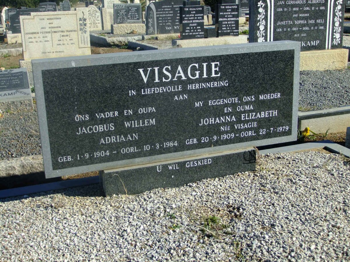 VISAGIE Jacobus Willem Adriaan 1904-1984 &amp; Johanna Elizabeth VISAGIE 1909-1979