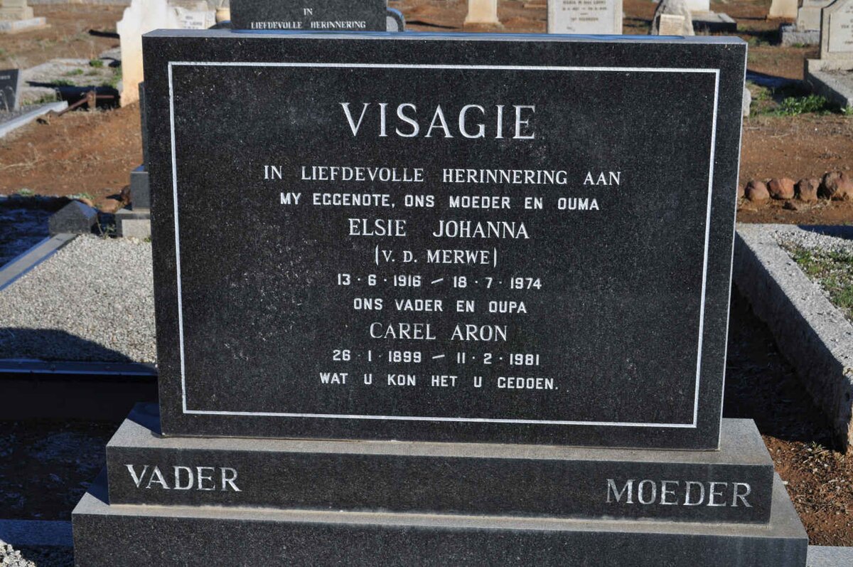 VISAGIE Carel Aron 1899-1981 &amp; Elsie Johanna V.D. MERWE 1916-1974