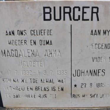 BURGER Johannes Abraham 1885-1977 &amp; Magdalena Anna CLOETE 1892-1985
