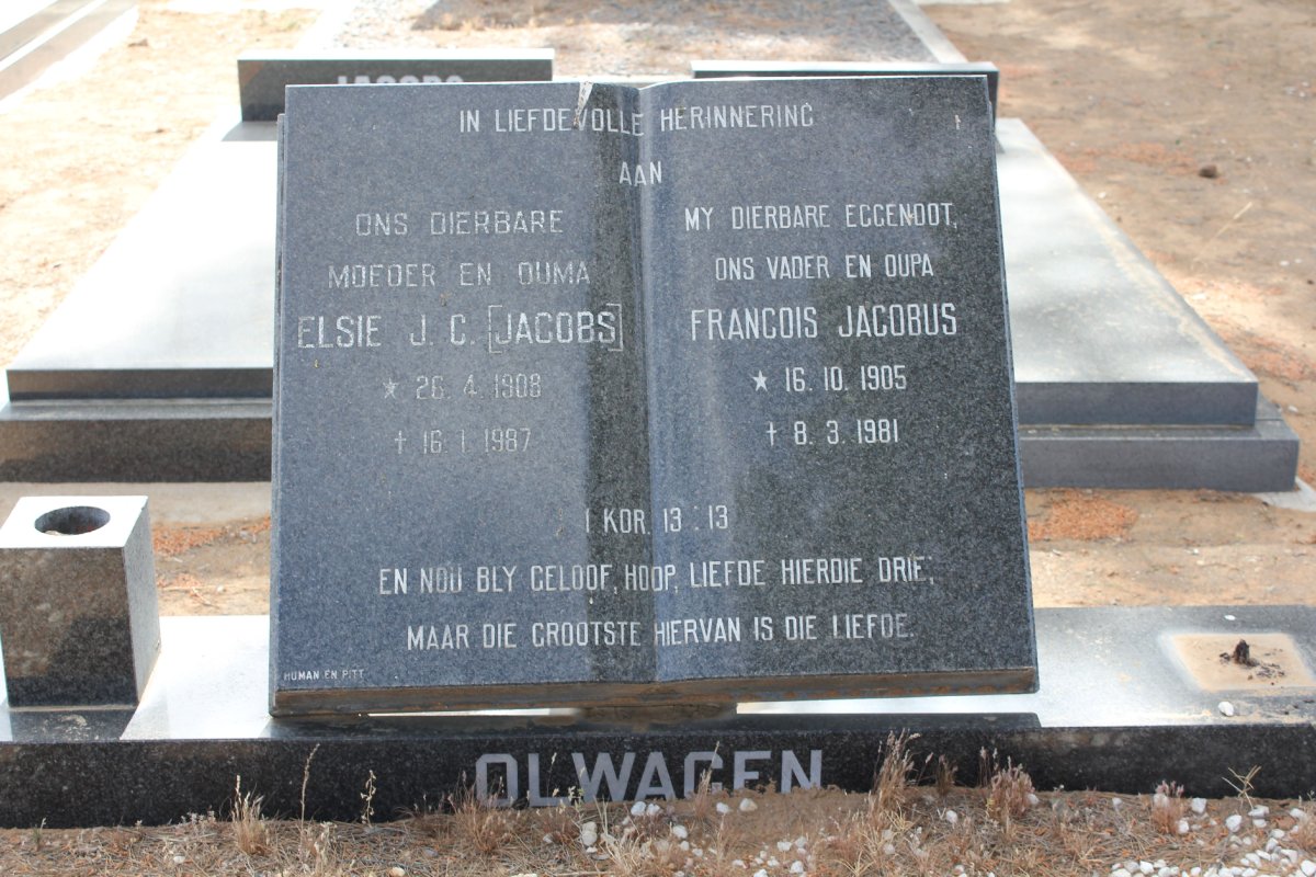 OLWAGEN Francois Jacobus 1905-1981 &amp; Elsie J.C. JACOBS 1908-1987