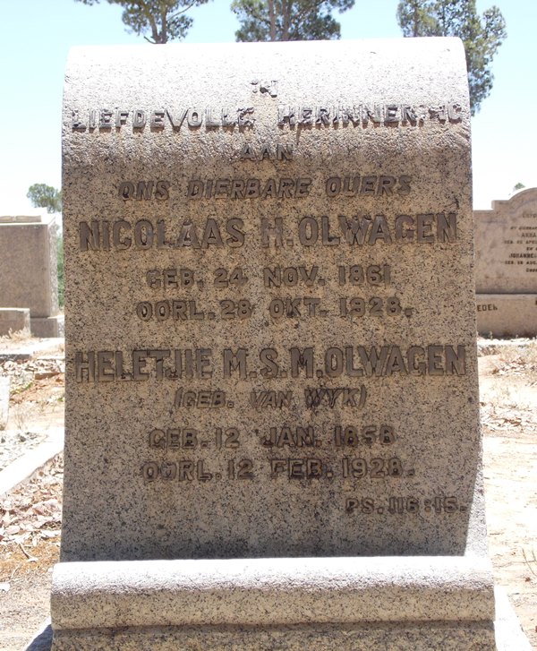OLWAGEN Nicolaas H. 1861-1928 &amp; Heletjie M.S.M. VAN WYK 1858-1928